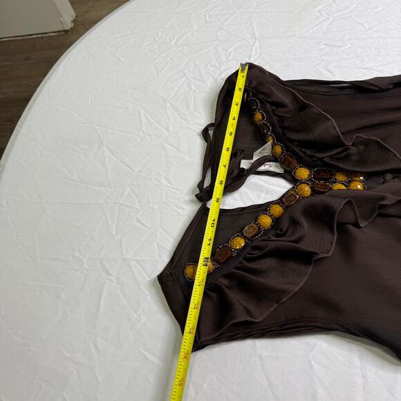 Brown ruffle top with gold yellow brown beaded neckline - Picture 8 of 8